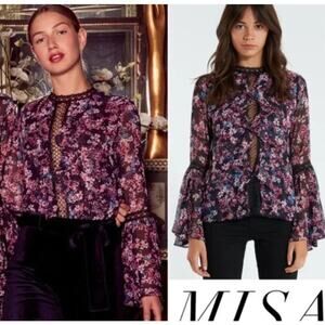 Misa Los Angeles Divya Top Purple Floral Blouse Long Bell Sleeve Chiffon Size S